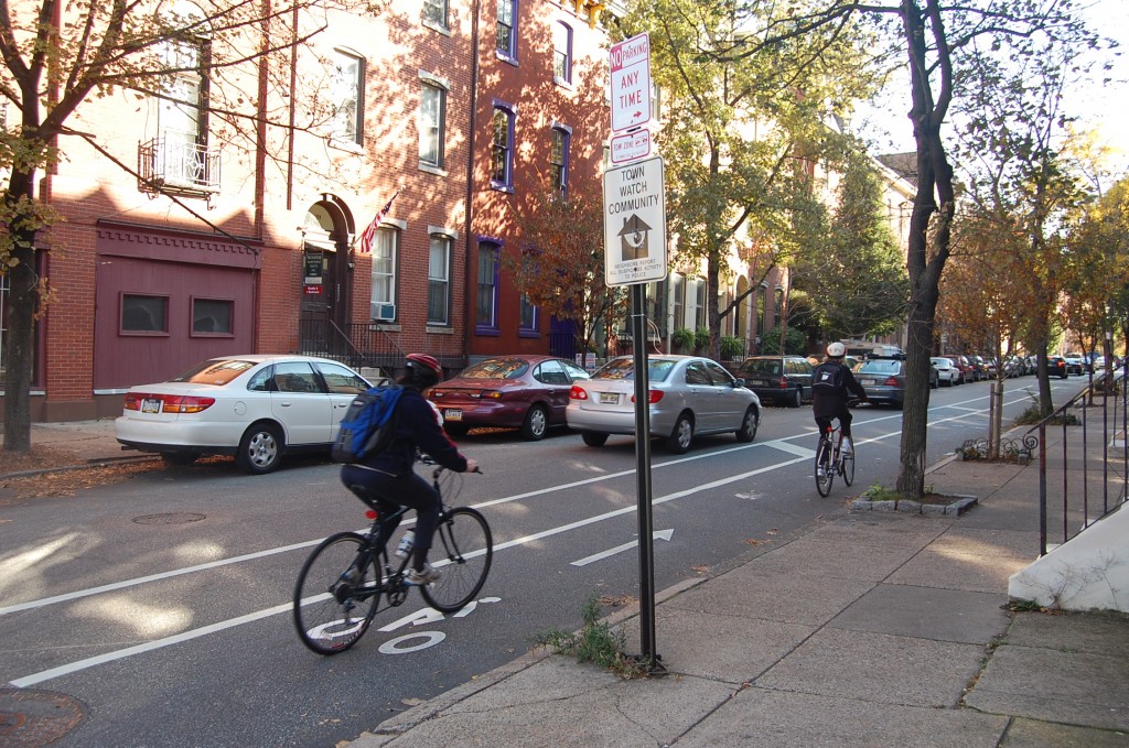 Eight years ago, the Bicycle Coalition of Greater Philadelphia challenged candidate Michael Nutter to build transformative, protected bike lanes, and he did. The Coalition's goal for the next mayor: Vision Zero. Photo: ##http://bicyclecoalition.org/our-campaigns/biking-in-philly/spruce-and-pine-street/#sthash.T6ljm6kF.dpbs##Bicycle Coalition##