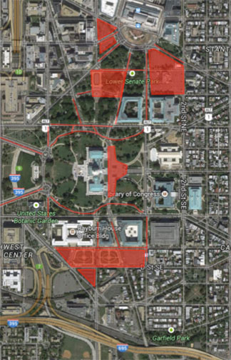Streets, lots, and garages reserved for US Capitol personnel parking.