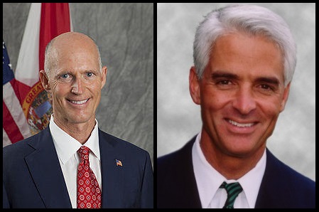 Florida Gov. Rick Scott (R), left, and former Gov. Charlie Crist (D), right, are neck-and-neck in the polls.