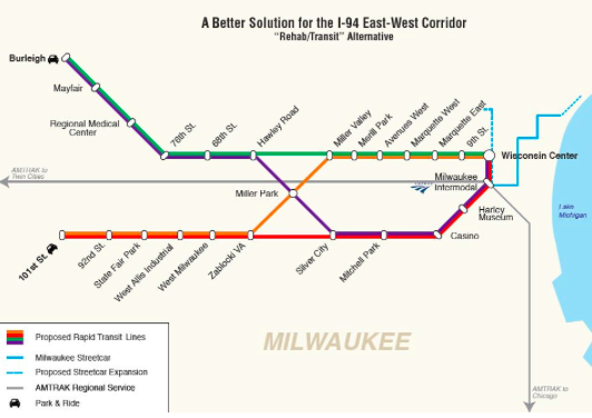 This concept design for an east-west corridor rapid transit system for Milwaukee was developed by a New Jersey DOT veteran for local advocates. Image: Wisconsin PIRG