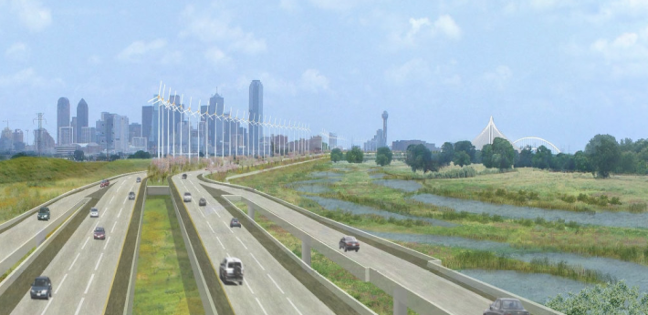 The $1.5 billion Trinity Toll road, given the watercolor treatment. Image: Army Corps of Engineers via Dallas Morning News
