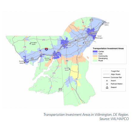 The Wilmington, Delaware, region is concentrated development in these key areas. Image: WILMAPCO via T4A