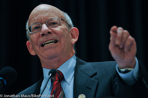 Before even starting his new job as Ranking Member on the House Transportation Committee, Rep. Peter DeFazio is going to bat for bike and pedestrian safety. Photo: ##http://bikeportland.org/2012/03/27/rep-defazio-takes-us-inside-the-transportation-fight-and-the-republican-psyche-69482##Jonathan Maus/Bike Portland##