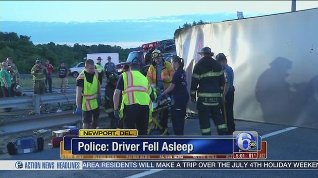 Truck crashes killed almost 4,000 people in 2012. Sen. Susan Collins wants to suspend a safety rule aimed at reducing that number. Screenshot from ##http://6abc.com/traffic/police-truck-driver-fell-asleep-prior-to-crash-on-i-95-in-del/144318/##6ABC##