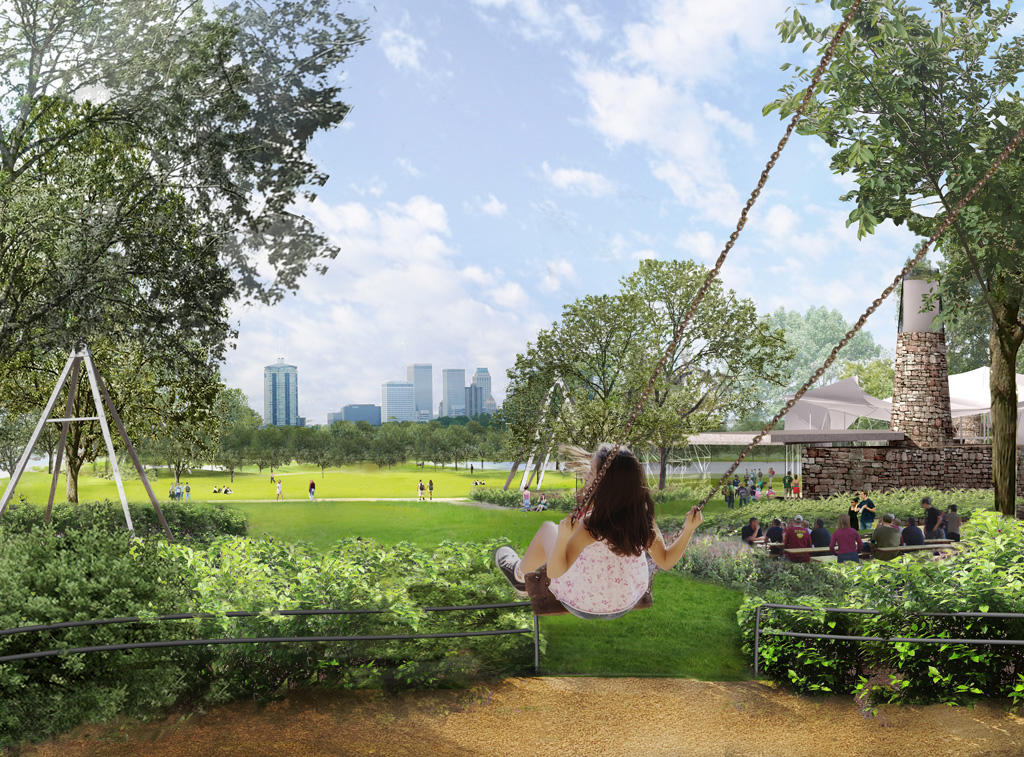 Tulsa's planned $350 million new park, A Gathering Place, promises all the best in urban park amenities. But thanks to the city's mayor, it may lack sidewalk access. Image: Agatheringplacefortulsa.com