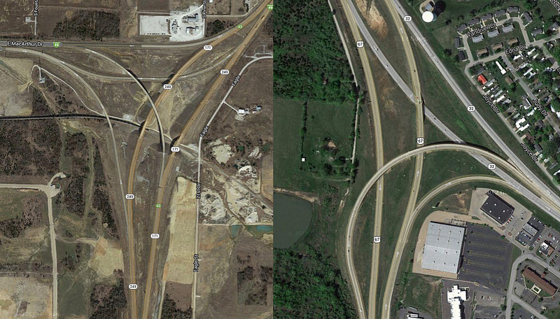 These expensive flyovers in sprawling Missouri might not have been worth the expense to taxpayers. Maybe a broke MoDOT will help bring projects back down to earth. Image: NextSTL