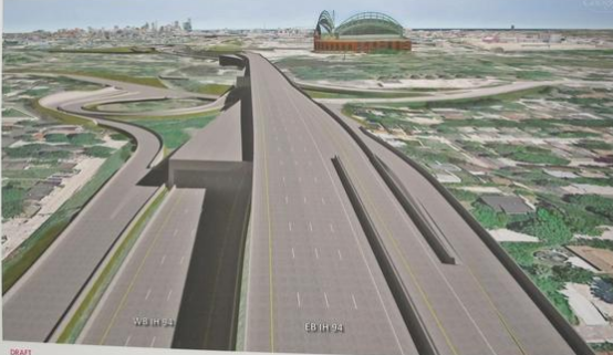 Wisconsin Department of Transportation rendering of their proposed, but now rejected, plan for a double decker freeway in Milwaukee.