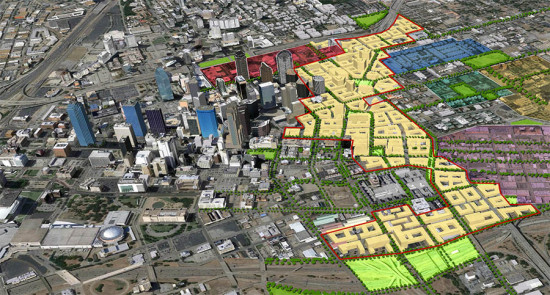 Tearing down I-345 would open up 240 acres of prime urban land for development. Image: A New Dallas
