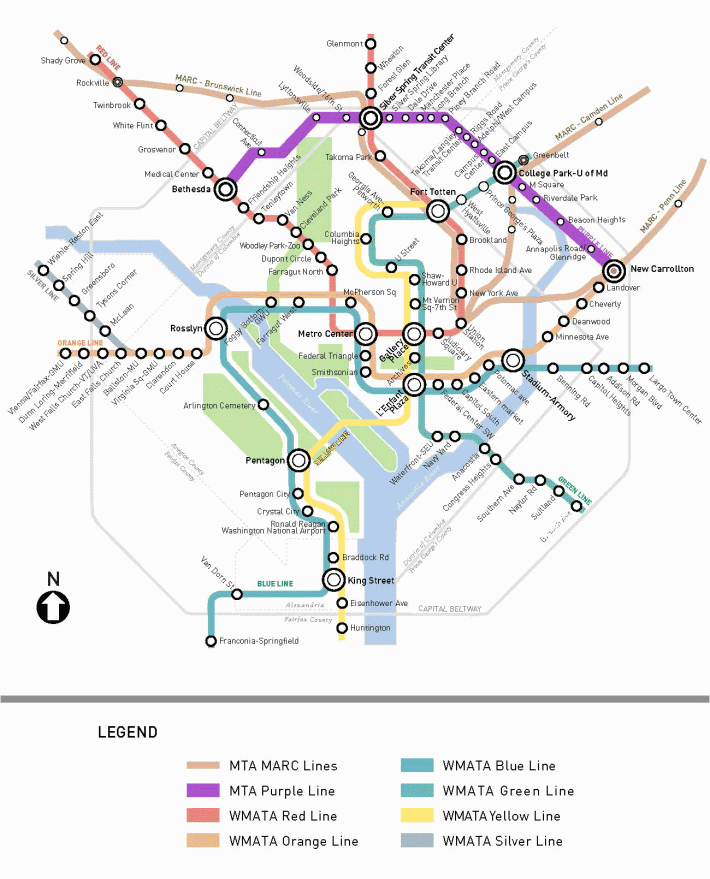 The Purple Line would represent a major expansion of Washington, D.C.,'s transit system and would likely lead to a boom in development in the Maryland suburbs. Image: PurpleLineMD