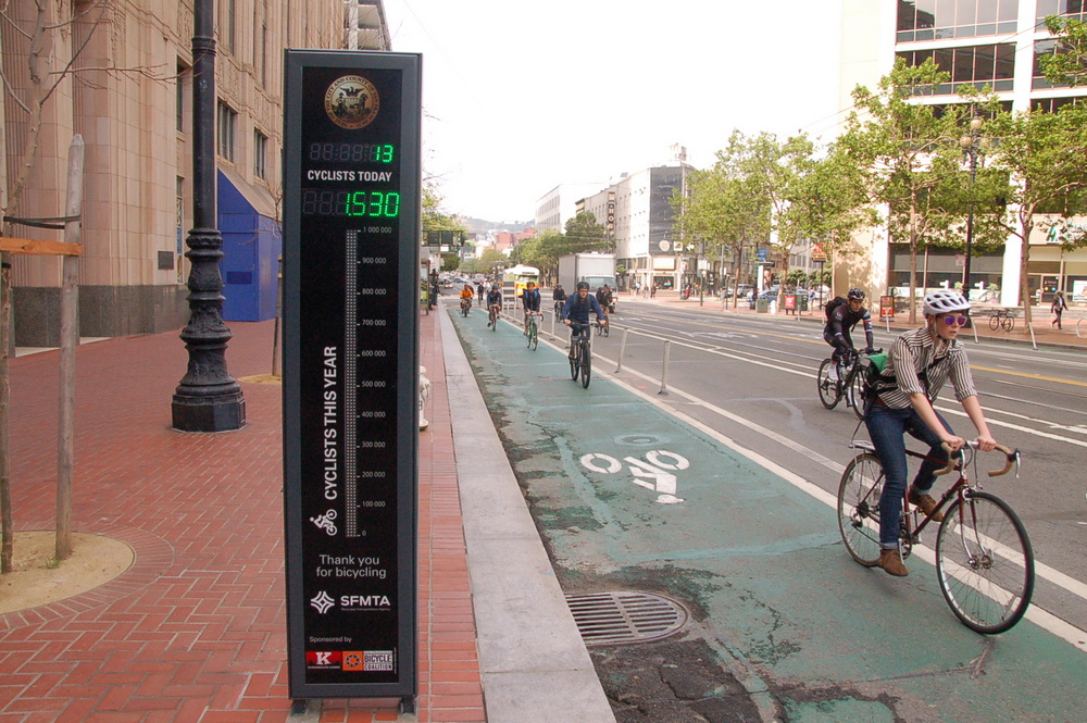 This bike counter in San Francisco gives planners reliable, up-to-date data about biking rates. Photo: Aaron Bialick/Streetsblog SF
