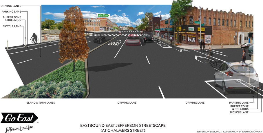 Detroit broke ground this week on its first protected bike lane. Image: Jefferson East Inc.