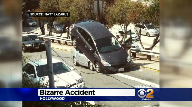 A witness described seeing the driver of this Prius back up intentional over the other car, but CBS LA improperly persisted in referring to this as an "accident." Image: CBS LA
