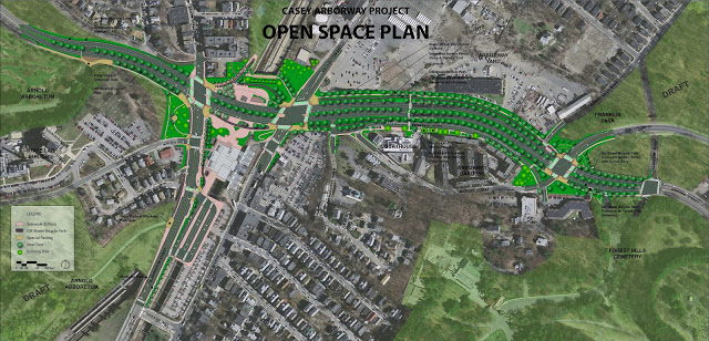 The image shows plans for the at-grade street that will replace the overpass. Image: Arborwaymatters via MassDOT