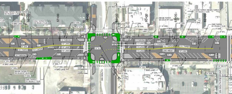 The intersection of 300 South and 200 West in Salt Lake City is on track to be the first protected intersection in the U.S. Image: Salt Lake City