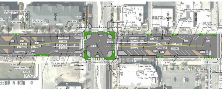 The intersection of 300 South and 200 West in Salt Lake City is on track to be the first protected intersection in the U.S. Image: Salt Lake City