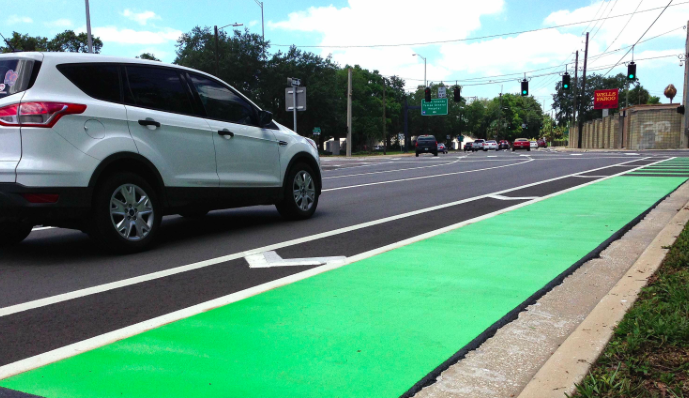 Tampa recently added a buffered green bike lane. Photo: Tampa Tribune