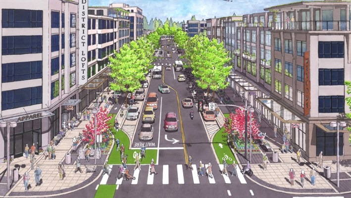 The insertion of a few little words will make the DRIVE Act a virtual complete streets policy for the entire National Highway System (except interstates). Photo: ##http://www.ca-city.com/complete_streets/fundamentals.html##Crandall Arambula##