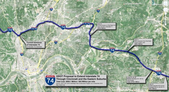 The relocation of State Route 32 would have set the stage for an interstate to the sea. Image: ##http://www.urbancincy.com/2011/01/809m-identified-for-long-planned-i-74-extension-through-hamilton-county/##Urban Cincy##