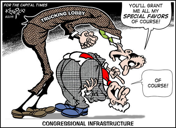 Cartoon from ##http://host.madison.com/news/opinion/column/dave_zweifel/plain-talk-safety-s-at-risk-in-highway-bills/article_d7c06dad-3d6d-52be-9a64-057ad47d58ec.html##Cap Times##