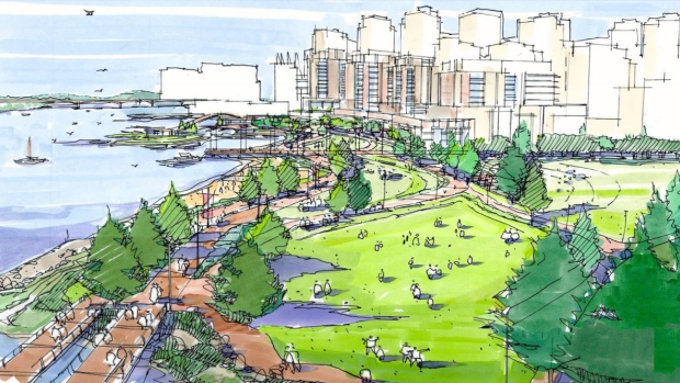 An artist rendering of what the space now occupied by viaducts will look like. Image: City of Vancouver via CBC