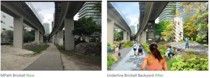 Miami's "Underline" proposes making the derelict space under Miami's Metrorail into a "10-mile linear park." Image: Theunderline.org