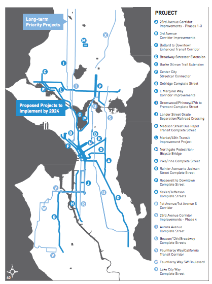 This map shows all the projects planned as part of Ed Murray's 10-year Move Seattle Plan. Image: Seattle. Click to enlarge