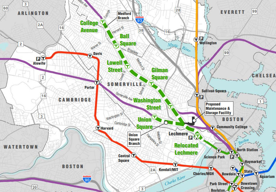 Boston's Green Line extension plans are up in the air following some major setbacks. Image: MassDOT