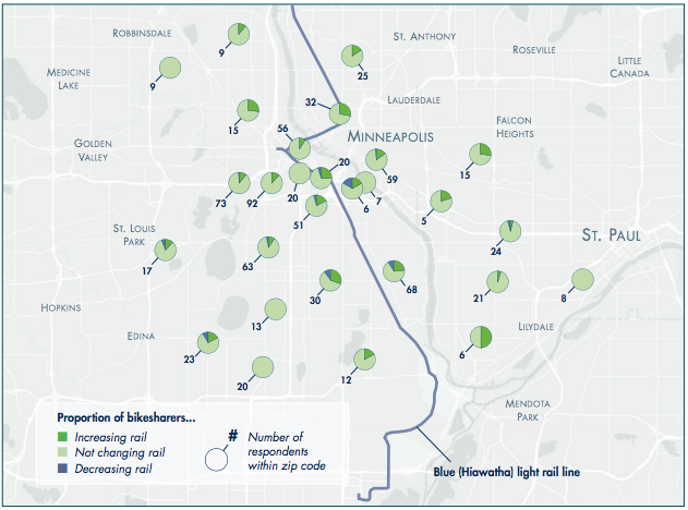 In Minneapolis-St. Paul, where transit connections were more scattered, people used bike share to reach the train. Map: Access Magazine