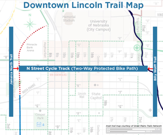 The N Street protected bike lane provides a link between two major trails. Image: Downtown Lincoln Association