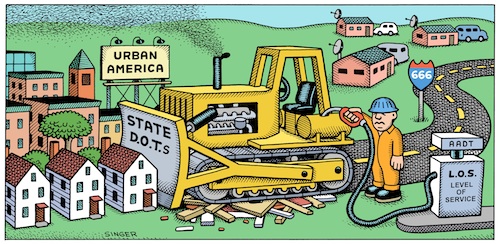FHWA is trying to encourage states and localities to move away from using Level of Service. Cartoon by Andy Singer, via PPS.