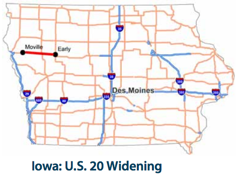 The section of U.S. 20 in Iowa that would be widened is shown in red. It will cost 40 percent of the revenue the state will receive from a recent gas tax. Image: U.S. PIRG