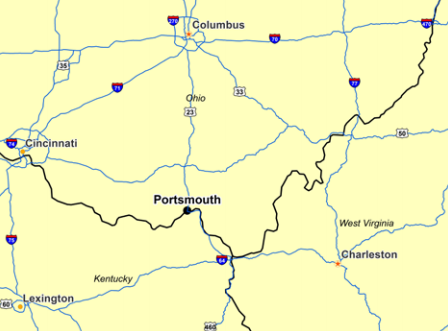 Portsmouth, an Appalachian city of about 20,000, is in line for a $1.2 billion creatively funded bypass from the state of Ohio. Map: U.S. PIRG