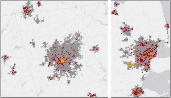 "Affordable" housing units with excessively high transportation costs shown in red, and affordable transportation costs in yellow in the Atlanta area (left) and Detroit area (right). Map: University of Texas
