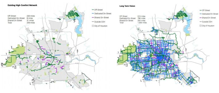 Houston's new bike plan proposes to take the city's "low-stress" network from what you see on the right in the long term, to what you see on the left. Source: Houston Bike Plan