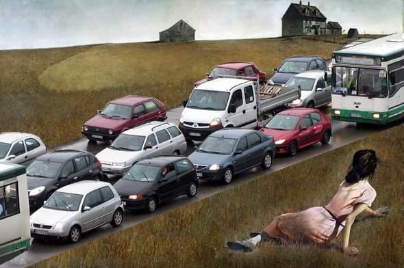 Minnesota activists calling themselves Minnesota Citizens for Roads, Asphalt and Parking (MinnCRAP) updated American painter Andrew Wyath's famous "Christina's World" to illustrate the effects of car culture on the natural world.