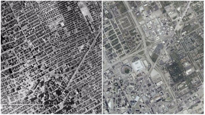 Detroit in 1949 versus how it appears today. Images: AtDetroit.net via Streetsblog