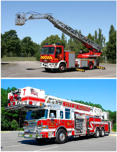 Side by side photos of a smaller European fire truck compared with an oversized American one. Photos: FireHouse.com