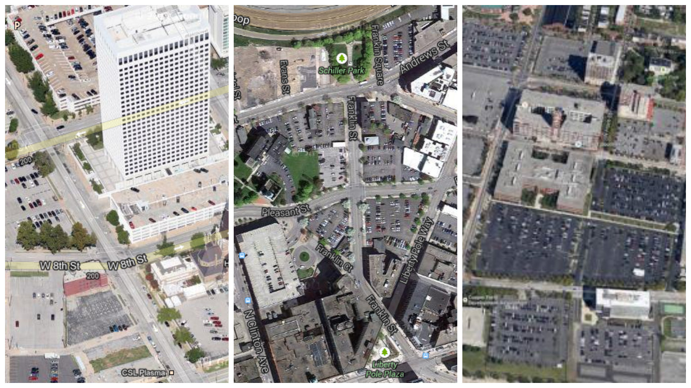 Past "Parking Madness" winners Tulsa (left), Rochester (center) and Camden (right). 