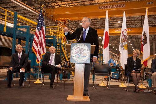 Former U.S. Secretary Ray LaHood at the Nippon Sharyo plant near Chicago, when the contract was awarded in 2012. Photo: U.S. DOT