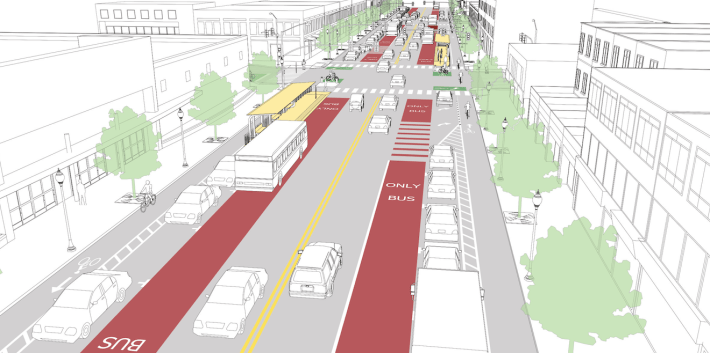 This template shows how transit could be prioritized on a wide suburban-style arterial. Image: NACTO