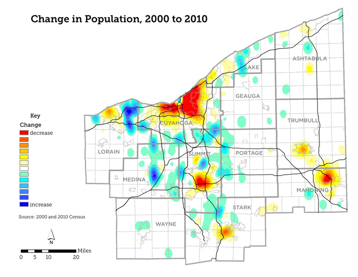 Northeast Ohio has been sprawling outward without adding overall population. The result is vacancy in urban areas. Map: NEOSCC