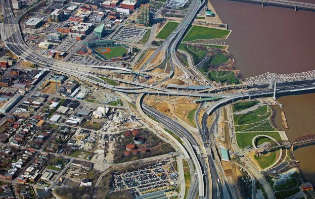 Louisville's new "Ohio River Bridges" Interchange, right between downtown and the waterfront. Photo: Ohio River Bridges project