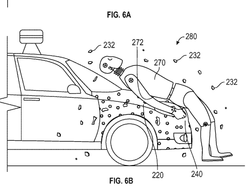 Google engineers' newest concept for pedestrians would glue them to the front of cars. Image: U.S. Patent Office