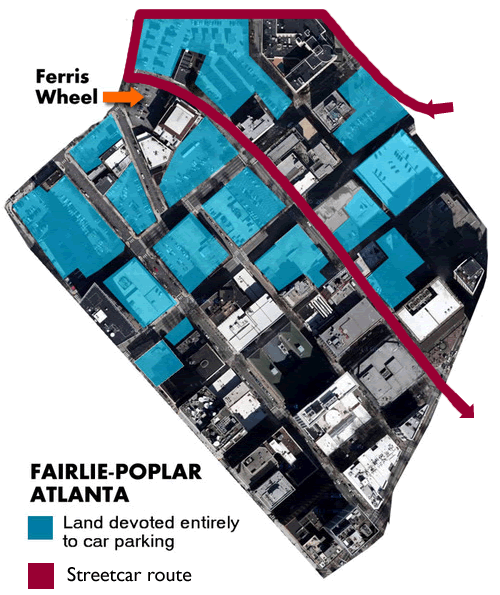 This map shows how much land around the Atlanta Streetcar is still dedicated to parking. Image: Streetcarviews 