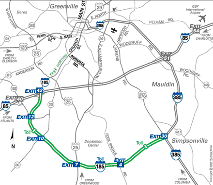 Greenville's Southern Connector, a PPP toll road, was predicted to attract 21,000 vehicles per day. It attracted less than 9,000. Map via Toll Road News