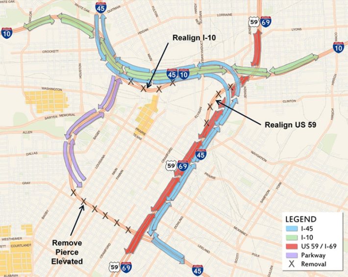 TxDOT's $7 billion proposal for downtown Houston highways is not terrible, say advocates, but it could be better. Image: TxDOT via Swamplot