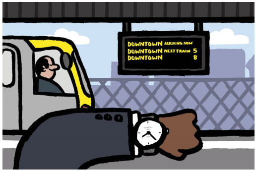 Transit riders are more conscious of time than they are of features like wifi. Drawing via Transit Center