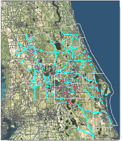 This map, produced by the Florida Department of Transportation, overlays pedestrian-vehicle crash locations with gaps in the sidewalk network.