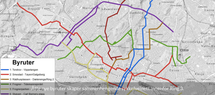 This City of Oslo map shows the locations of the proposed cycleways.