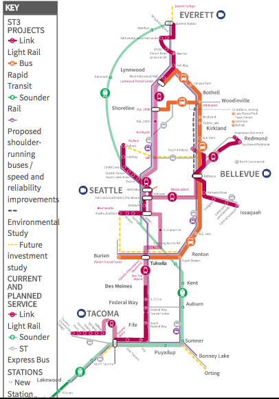 Seattle's "ST3" plan would add 62 miles of grade-separated light rail. Map: SoundTransit3